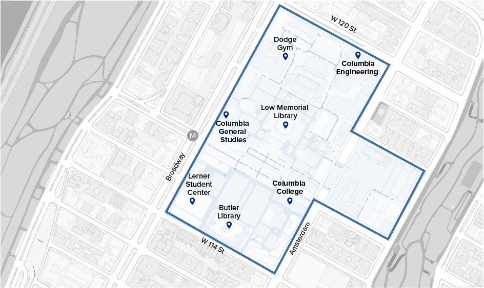 Map of Morningside Heights campus with the locations of the three undergrad schools. 