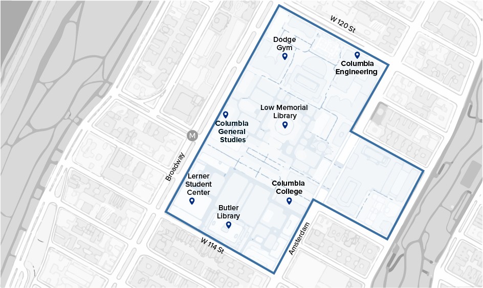Map of Morningside Heights campus with the locations of the three undergrad schools.