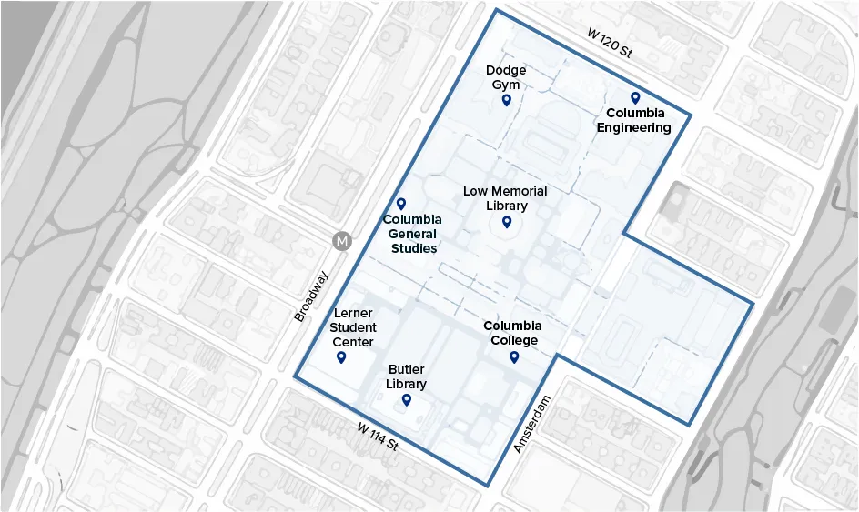 Map of Morningside Heights campus with the locations of the three undergrad schools. 