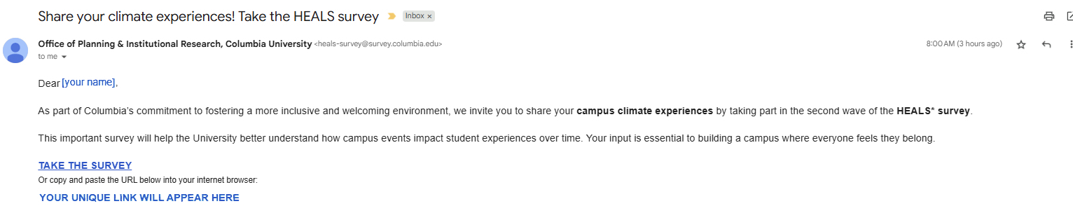 Screenshot of an email from Columbia University's Office of Planning & Institutional Research inviting recipients to participate in the HEALS survey.